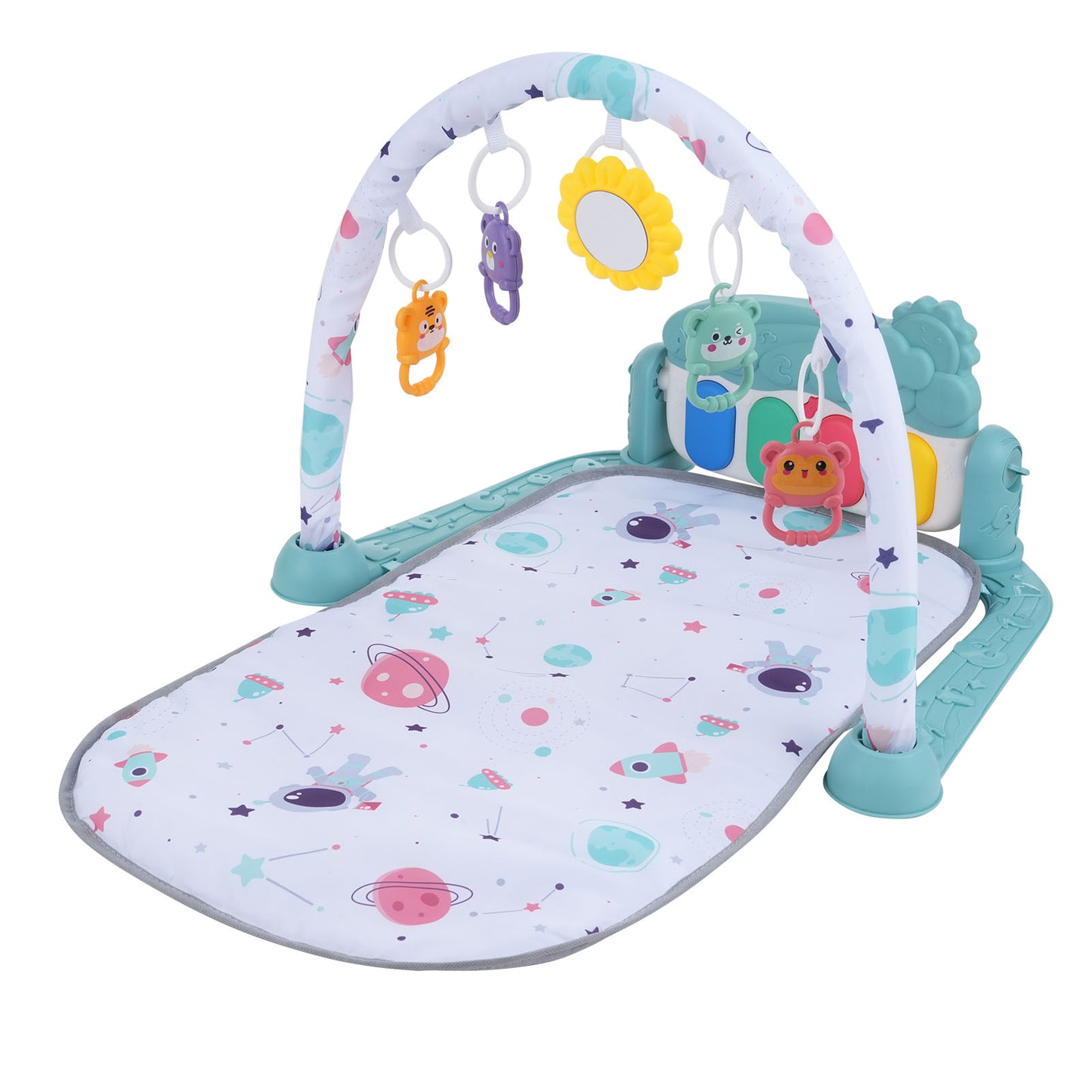 Baby Play Mat With Piano Keyboard &amp; Deatchable Hanging Toys, Kick And Play Musical Activity Gym, Tummy Time Crawling Mat For Infants 0-12 Months, 4 Colorful Hanging Toys And Sun Flower Mirror
