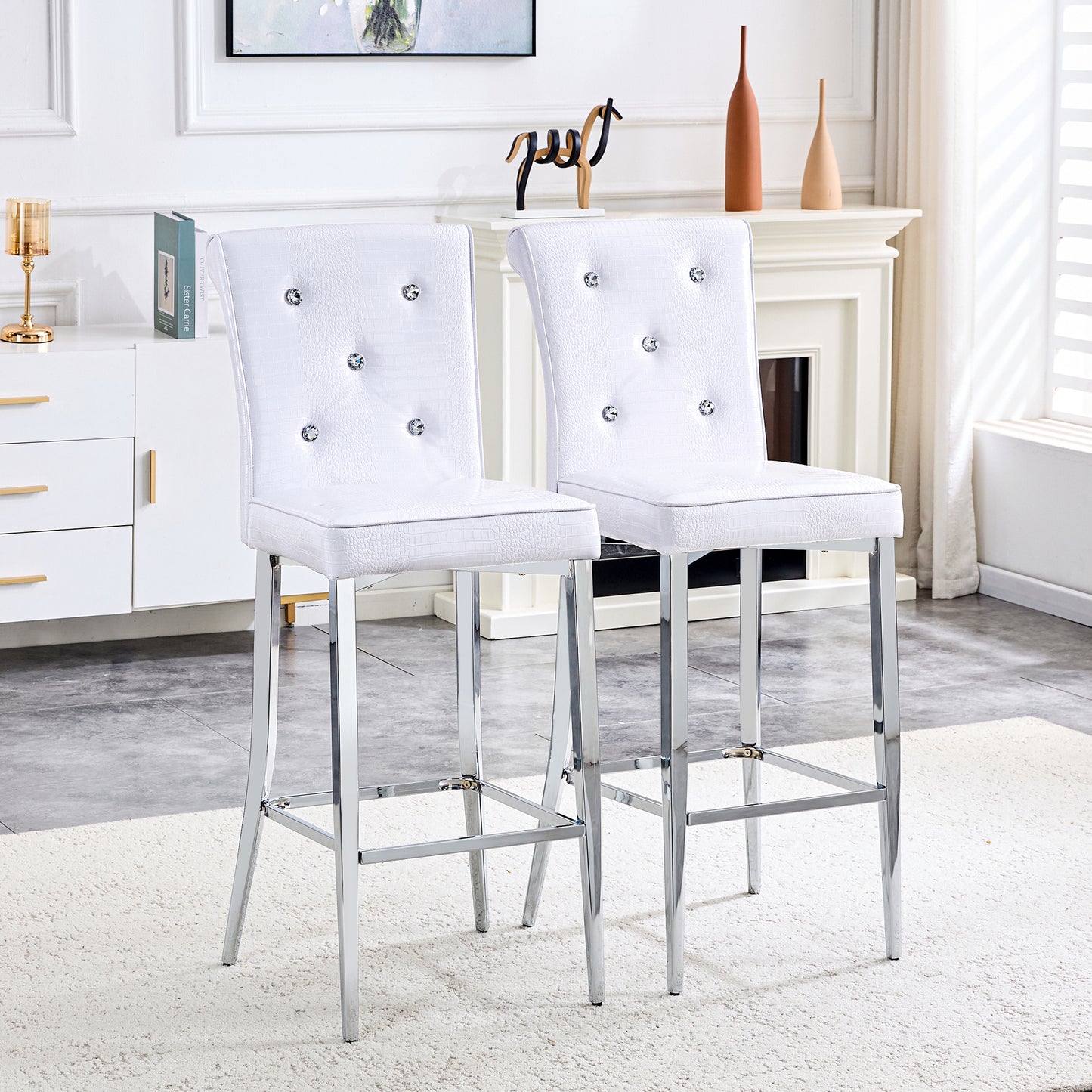 A Set Of 2 White Vintage Crocodile Leather Bar Chairs, Featuring Crystal Clasp Design And Synthetic Leather Design, Adding A Touch Of Elegance And Mystery To The Dining Area