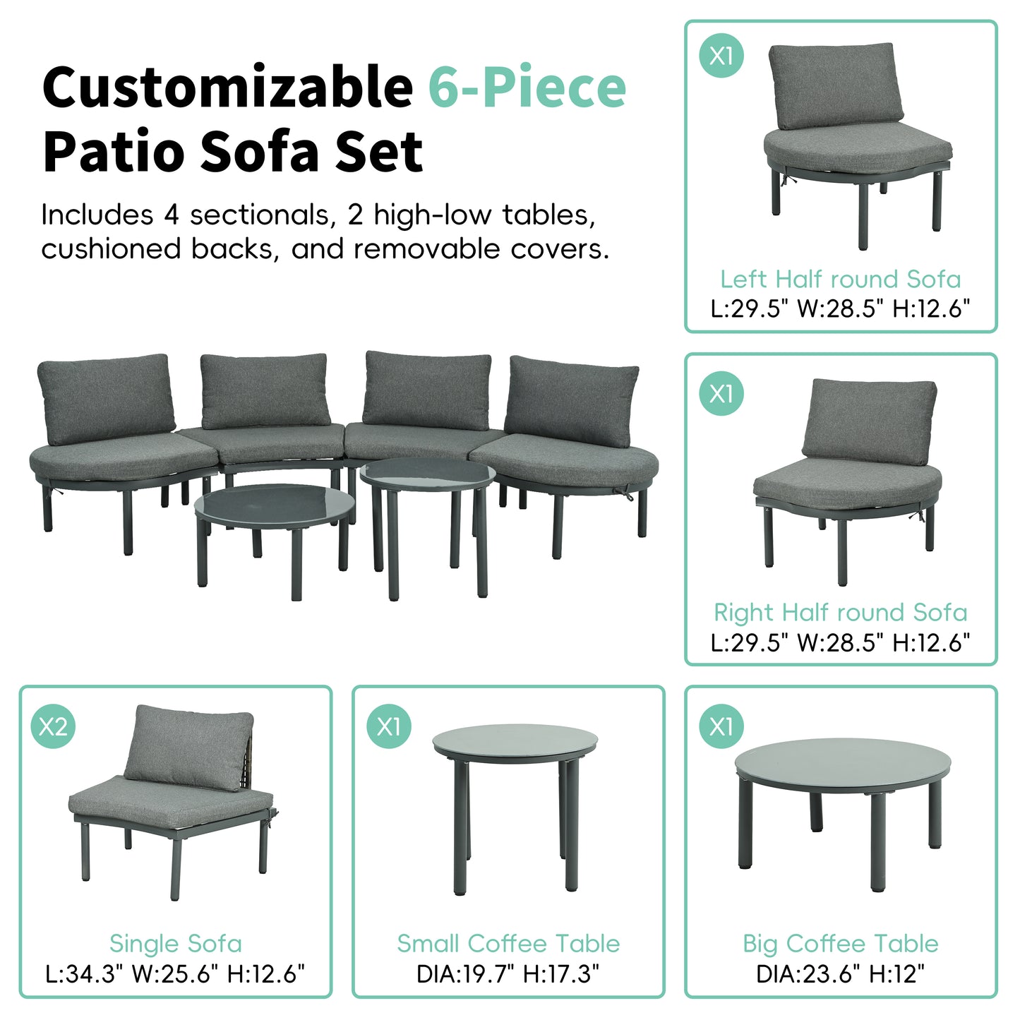TOPMAX 6-Piece Patio Sofa Furniture Set, Half Moon Outdoor Sectional Sofa With 2 High-Low Coffee Tables, PE Wicker Rattan, Tempered Glass, 4 Pillows & Cushions, For Backyard, Garden, Poolside,Gray