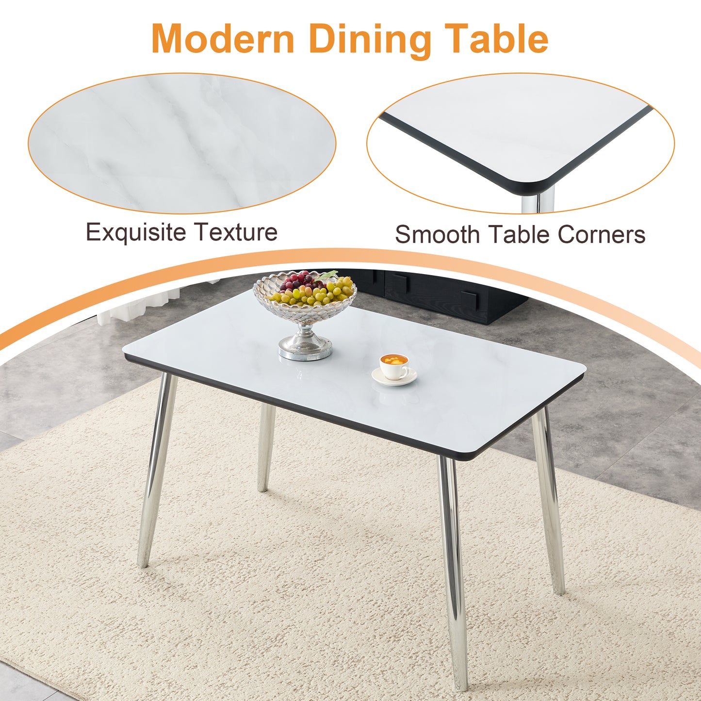 Modern Minimalist Rectangular Dining Table,suitable For 4-6 People.Tempered Glass Countertop Lower MDF Board,imitation Marble Texture,silver Metal Tapered Legs.Suitable For Minimalist Restaurants.