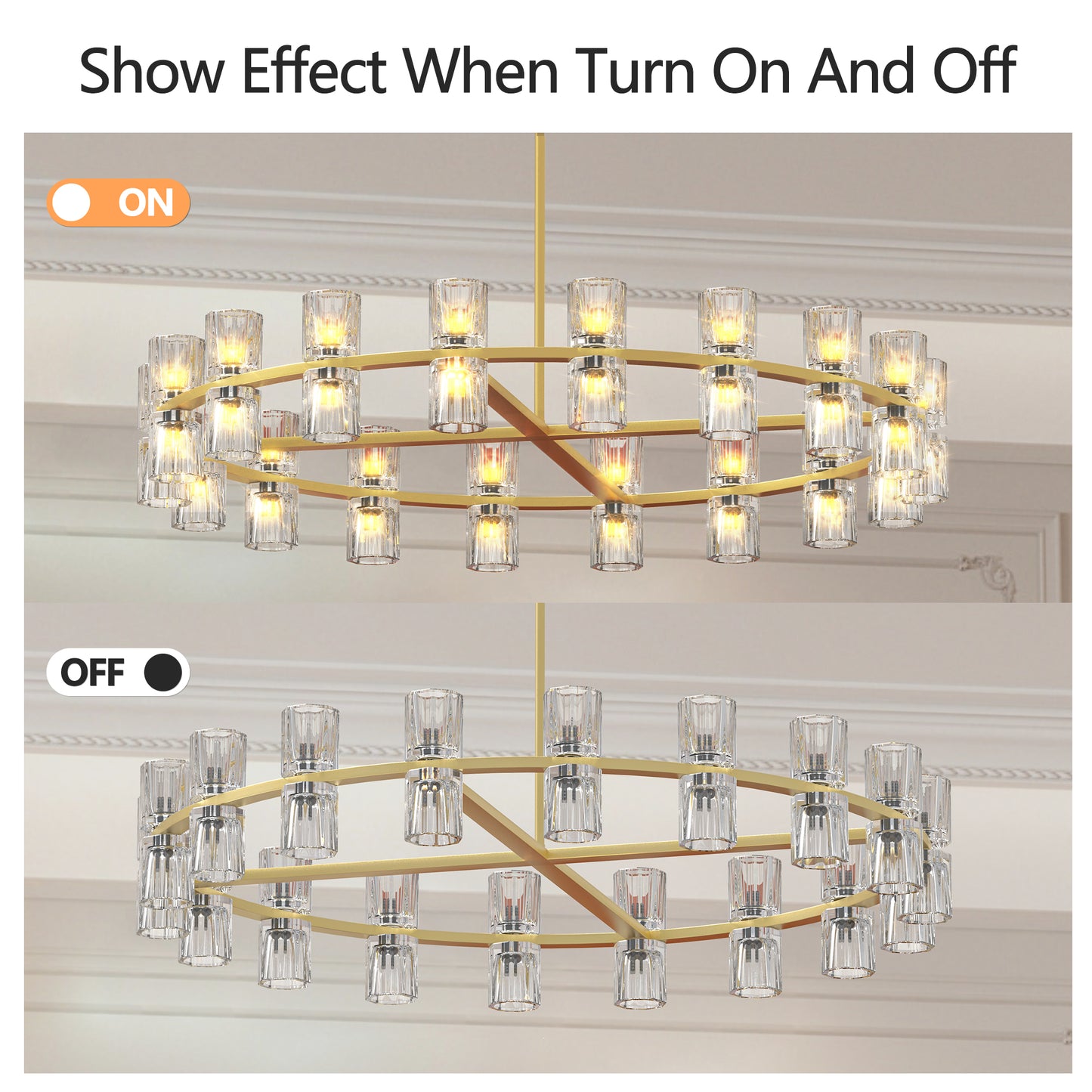 Modern 36  Gold Round Chandelier Light Fixture, K9 Crystal Chandeliers For Dining Room, Living Room, Dining Room Chandeliers Over Table, Chandelier For Bedroom, Foyer, Includes 36XG4 Bulbs