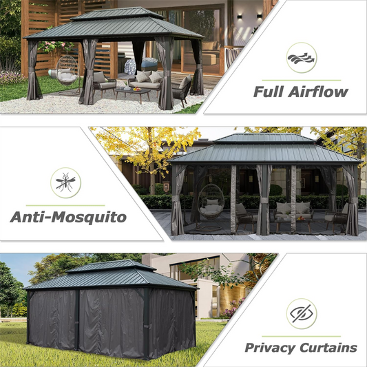 12  X 18  Hardtop Gazebo, Aluminum Metal Gazebo With Galvanized Steel Double Roof Canopy, Curtain And Netting, Permanent Gazebo Pavilion For Patio, Backyard, Deck, Lawn