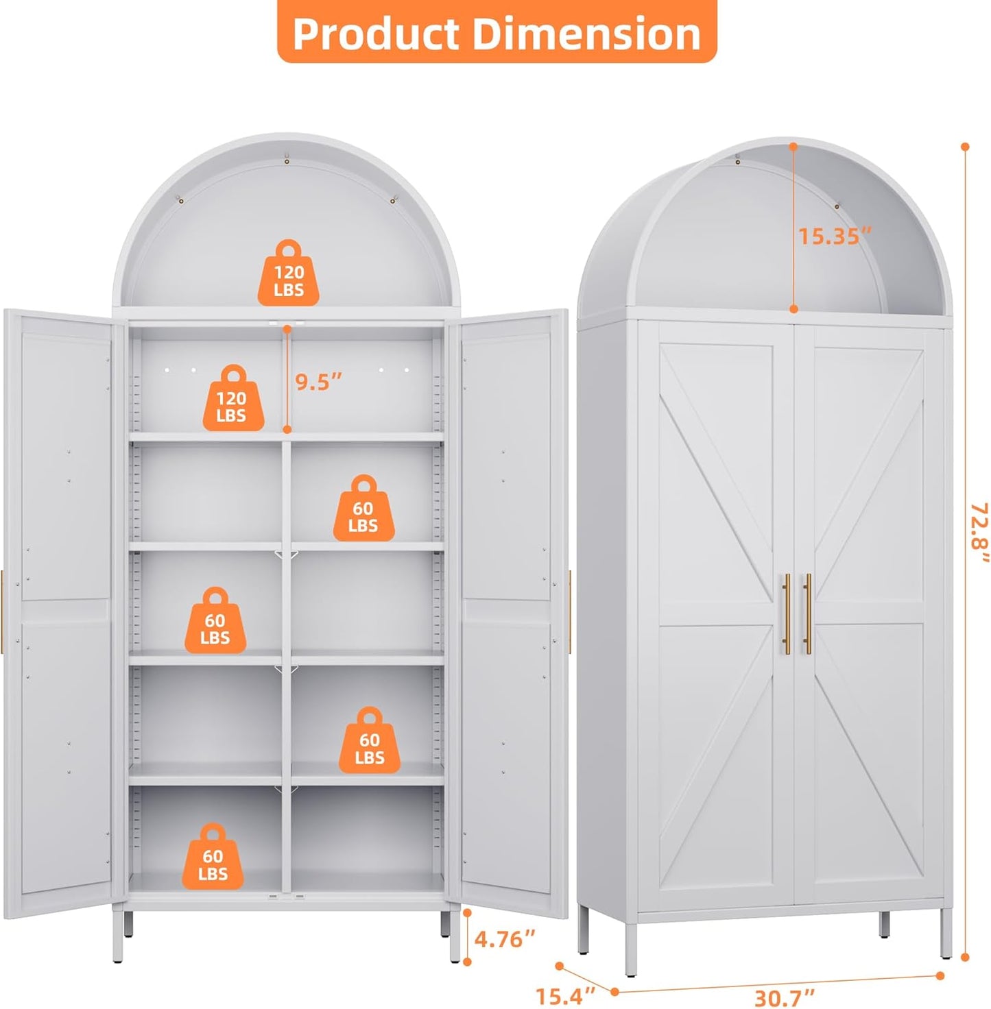 Tall Kitchen Pantry Cabinet, Arched Storage Cabinet With Doors And Adjustable Shelves, White Freestanding Cupboard For Laundry, Dining Room, Living Room, Bathroom