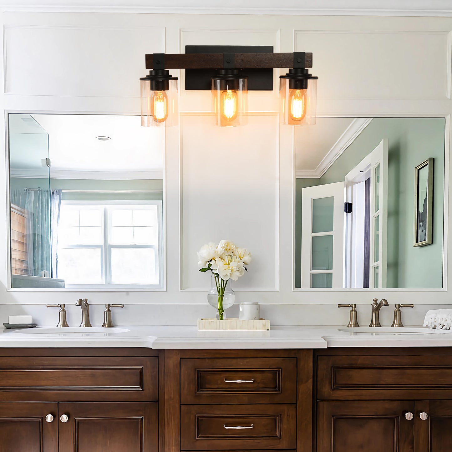 19in  Rustic 3-Light Vanity Light, Industrial Bathroom Wall Sconce With Glass Shades And Wood Accent, Modern Farmhouse Lighting Fixture  No Bulbs