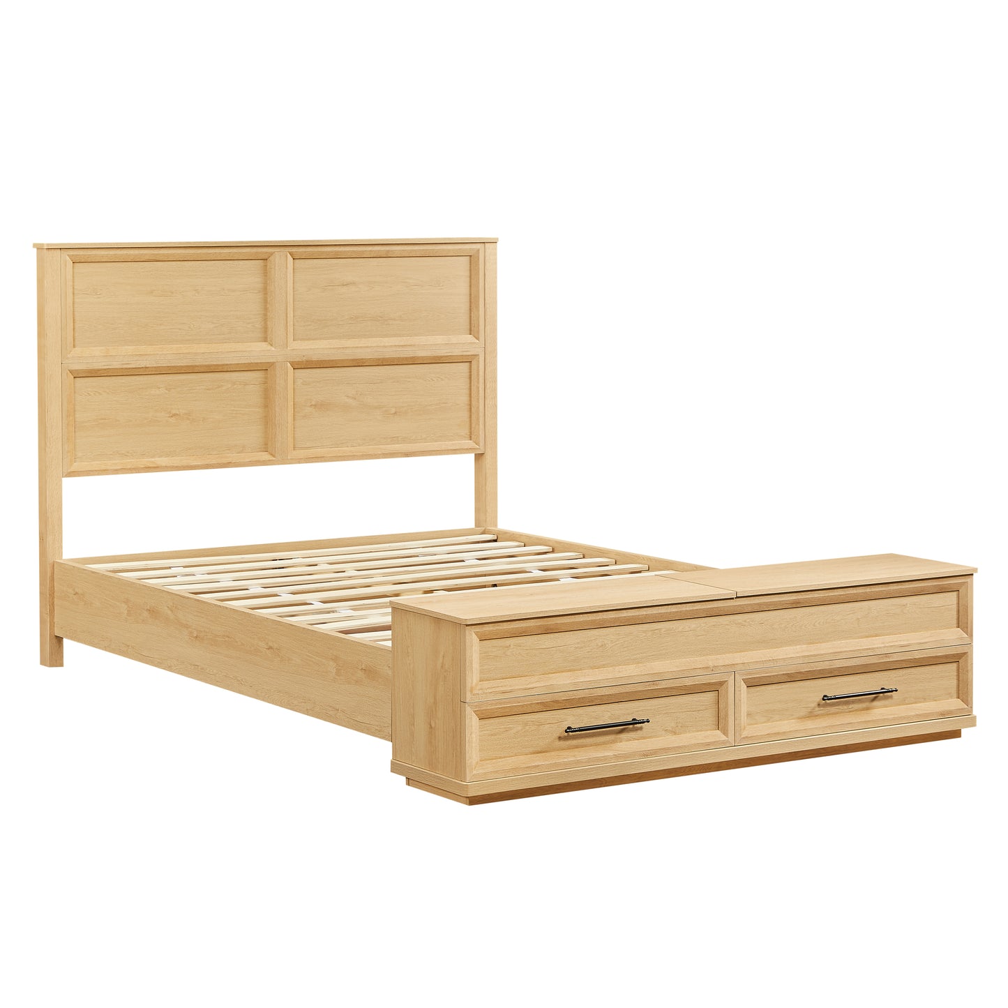 Queen Size Bed With 3D Geometric Headboard & Storage Bench - 4-Drawer Storage, Modern Bedroom Furniture,Oak.