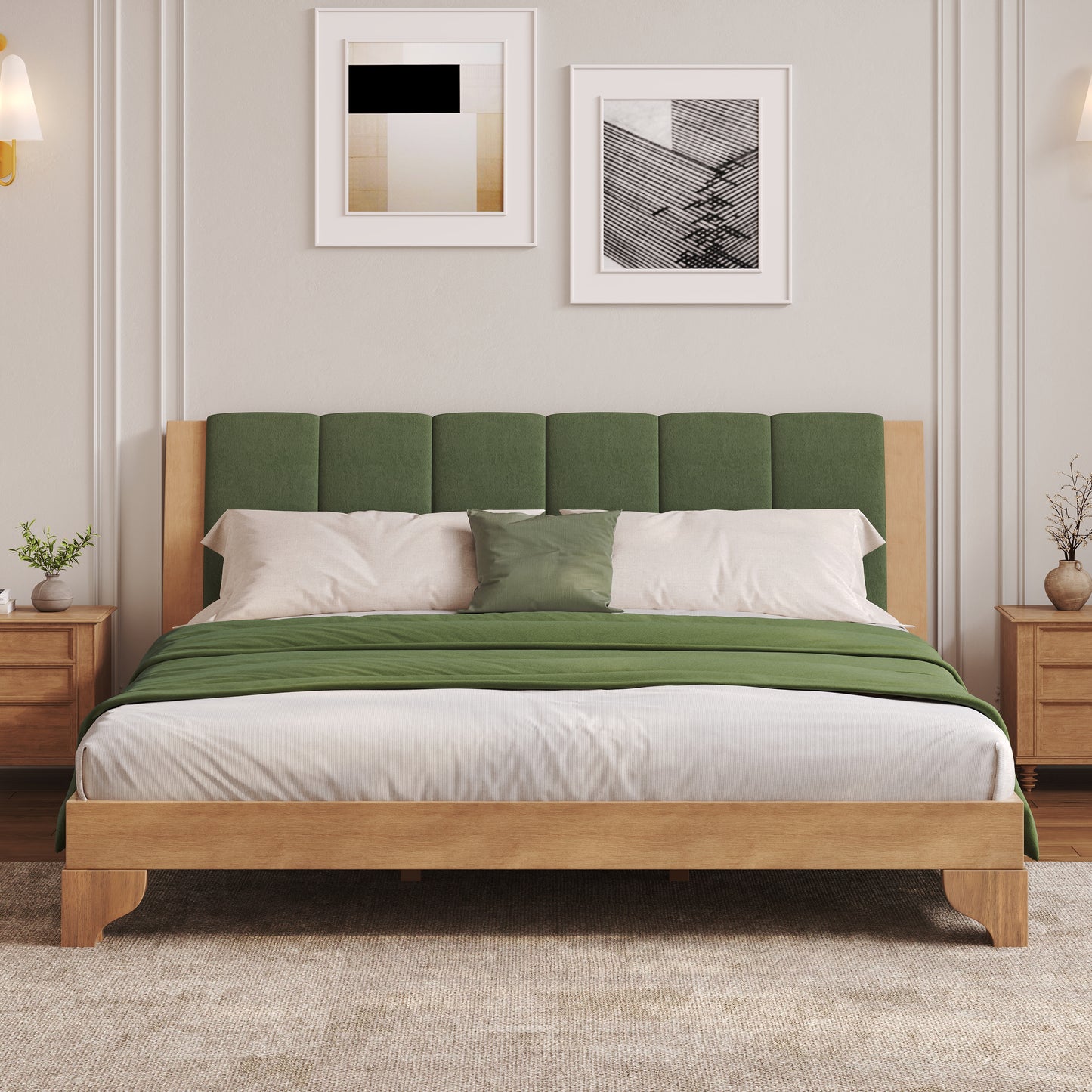 Premium Pine Wood King Bed Frame,King Size Bed Frame With Headboard Included,Mid Century Modern Bed,Natural&Green Color