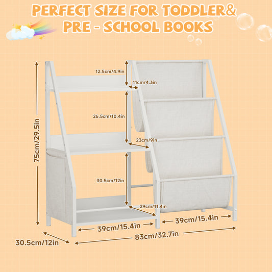 Kids Bookshelf And Toy Storage Organizer, Montessori Bookcase For Toddler Nursery, Wooden & Fabric Book Shelf With Anti-Tip Safety, White