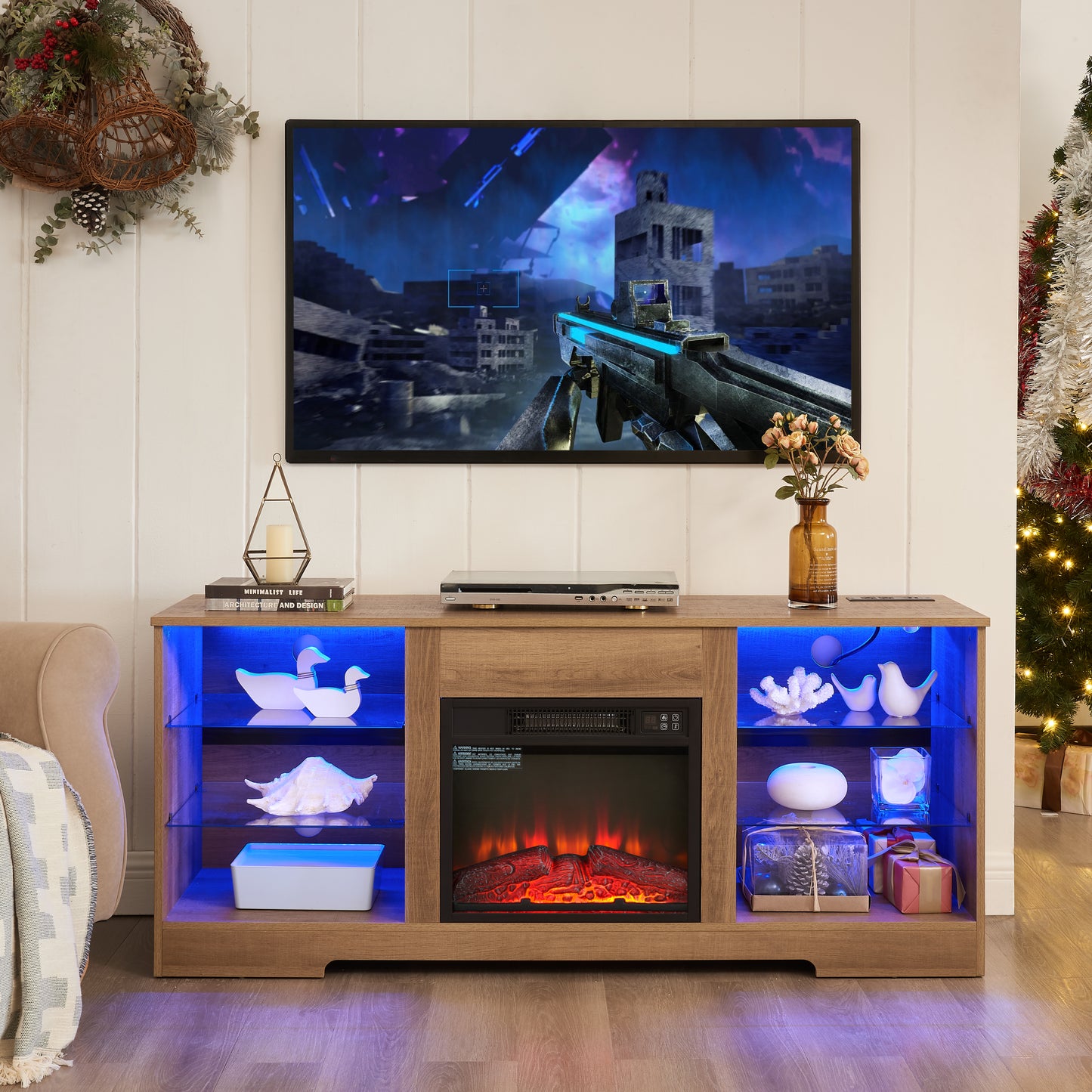 TV Stand Electric Fireplace TV Stand With Glass Shelves, 3D Fireplace TV Stand With LED Lights Wood With USB Charging Outlet Modern Television Table Center For TV Up To 32-62  OAK 58'Wx15.4''Dx24.6