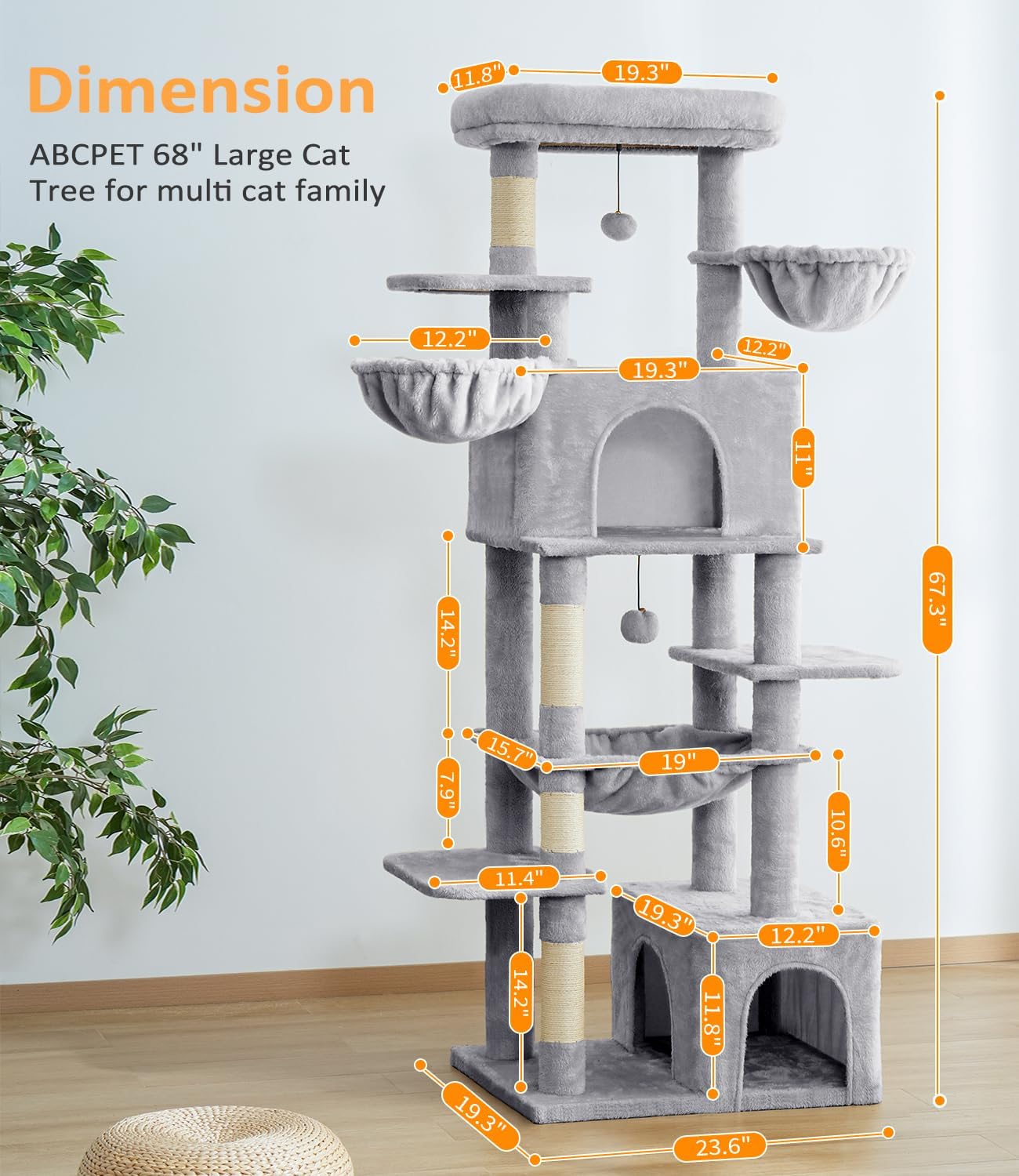ABCPET Large Cat Tree, Cat Tower, Multi-Tier, Indoor Cat, Sisal Scratching Post, Widened Cat Perching Post, Square Hammock, Widened Cat House, Light Gray,Self-pickup Only