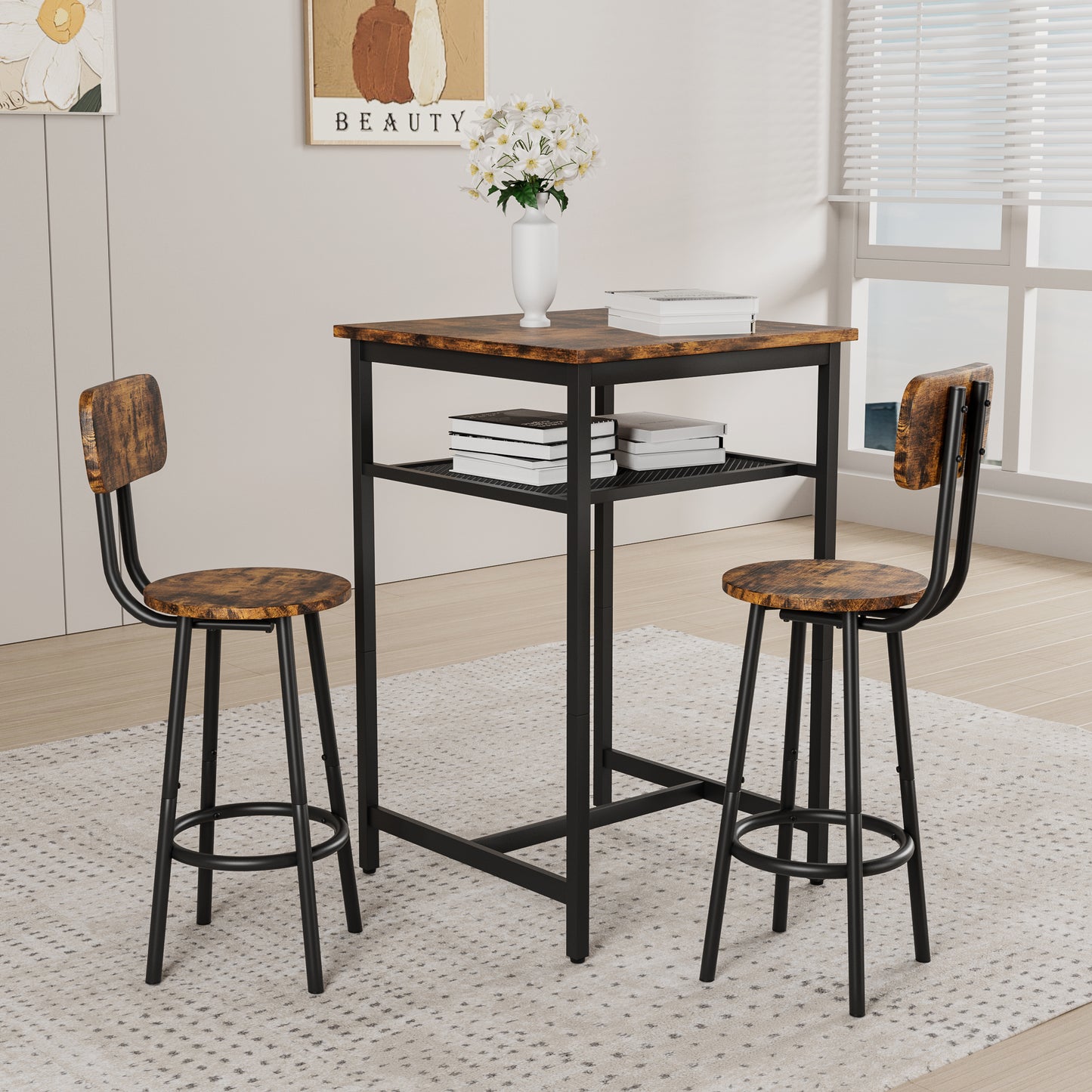 Bar Table, Equipped With 2 Bar Stools , With Backrest And Partition Rustic Brown