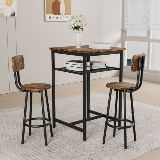 Bar Table, Equipped With 2 Bar Stools , With Backrest And Partition Rustic Brown