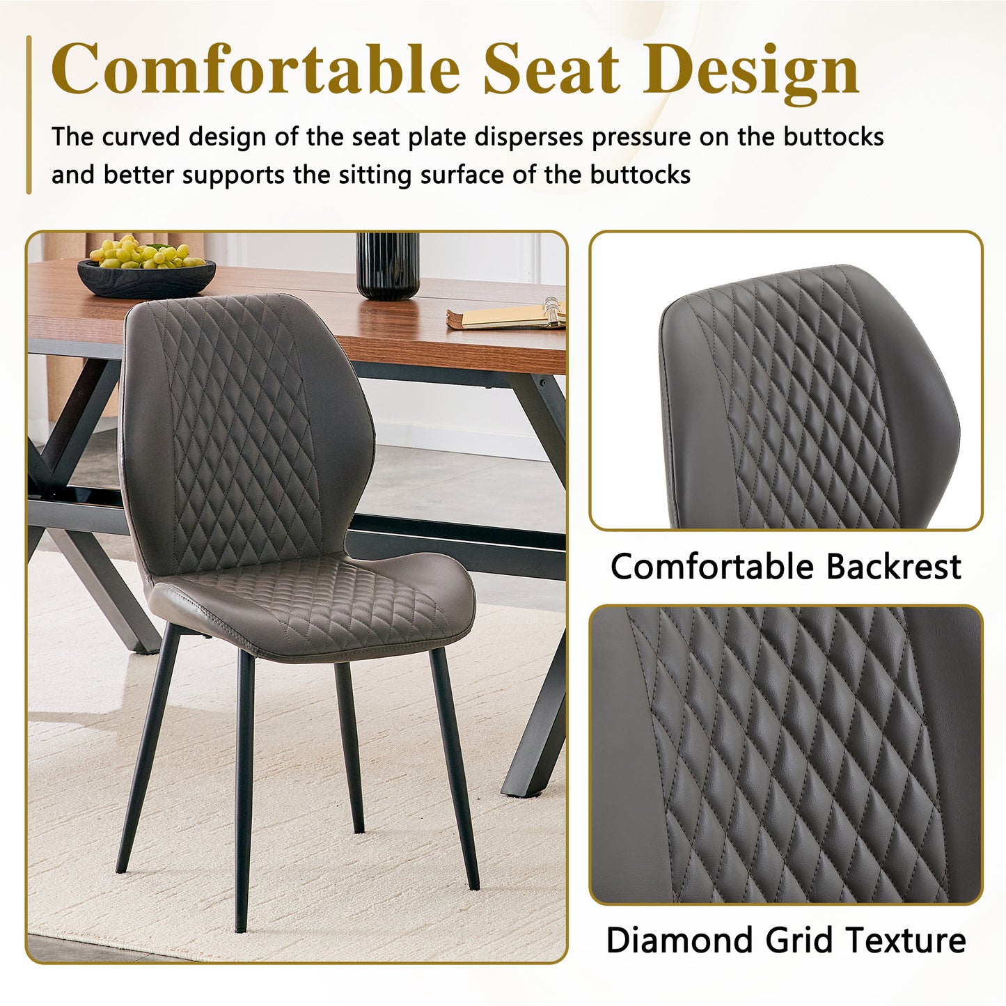 Set Of 4 Modern Light Luxury Dark Gray Diamond-quilted PU Chairs With Black Metal Legs. Suitable As Upholstered Dining Chairs With Backrests For Dining Rooms, Adaptable To A Wide Range Of Scenarios.