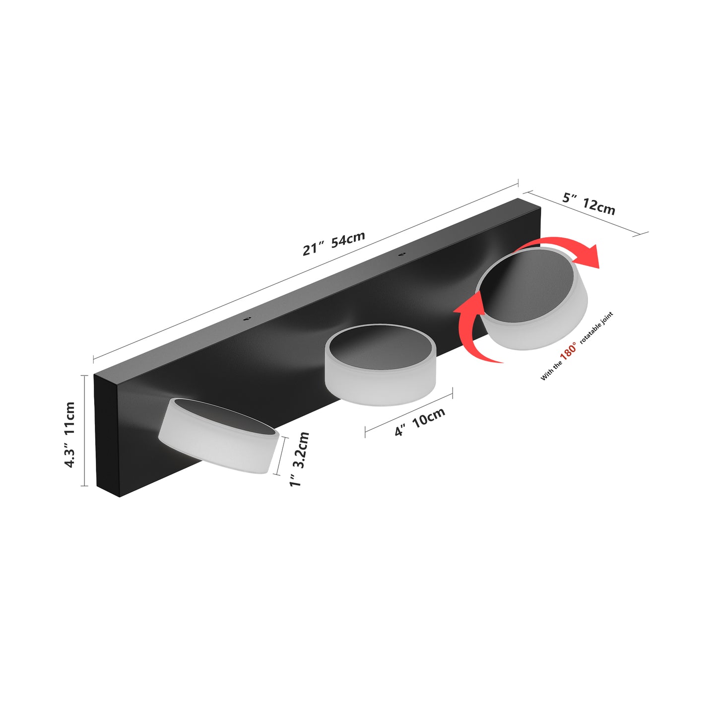 LED 21 Inch Vanity Light White Round Acrylic 3 Light With Black Base Bathroom Wall Lighting Fixture