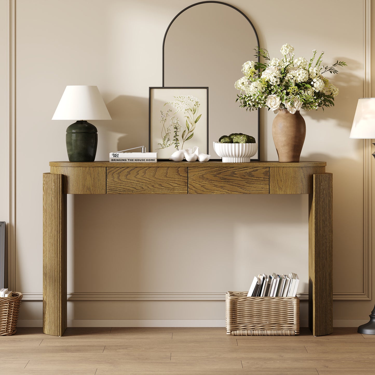 TREXM Entryway Table With Natural Wood Grain Finish  Console Table With Fluted Design  Oval Top And 2 Drawers For Entryway And Living Room  Pine Wood