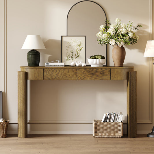 TREXM Entryway Table With Natural Wood Grain Finish  Console Table With Fluted Design  Oval Top And 2 Drawers For Entryway And Living Room  Pine Wood