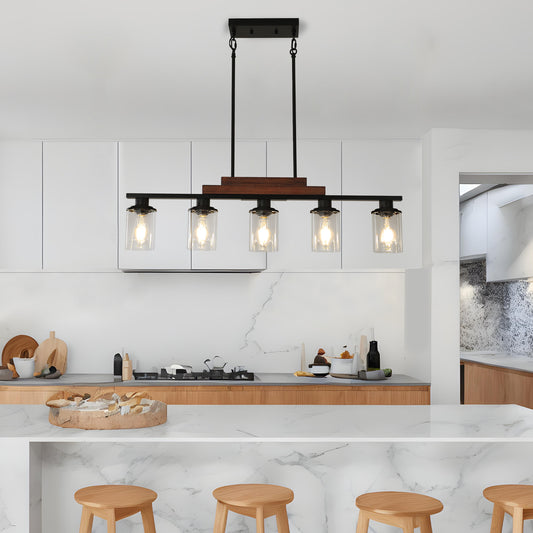 37  Farmhouse Industrial 5-Light Kitchen Island Pendant Light, Metal Wood Chandelier With Clear Glass Shades, Adjustable Height Hanging Fixture For Dining Room, Living Room, Kitchen  No Bulbs