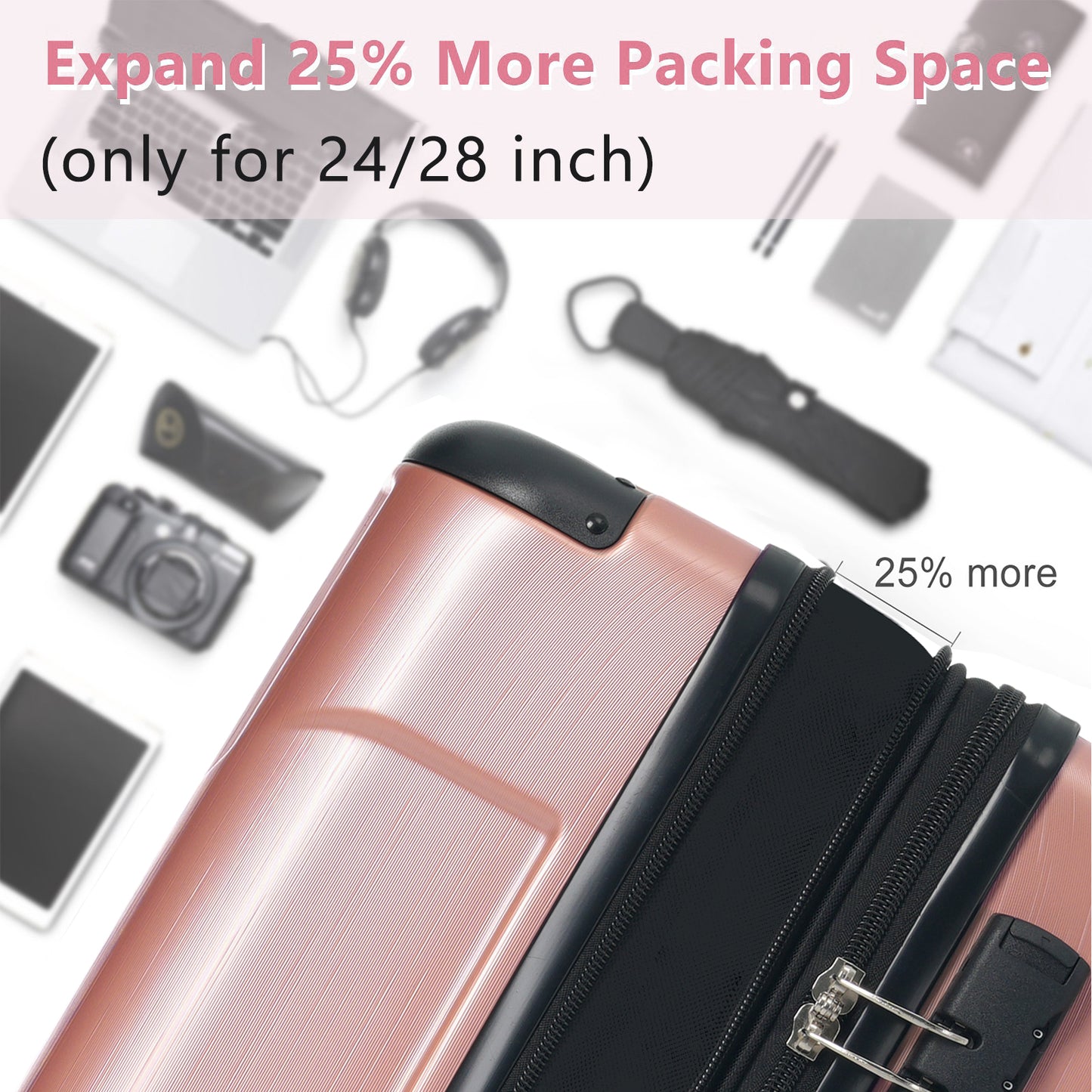 Hardshell Luggage, Lightweight Durable ABS Suitcases With Double Wheels, Expandable 28-inch Checked Travel Luggage Rose