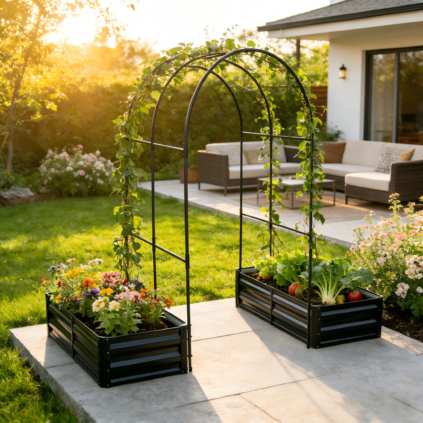 Raised Garden Bed With Arch Trellis, 2 Pack Metal Planter Boxes With Garden Arch, Outdoor Garden Planter For Climbing Plants Vegetables Flowers