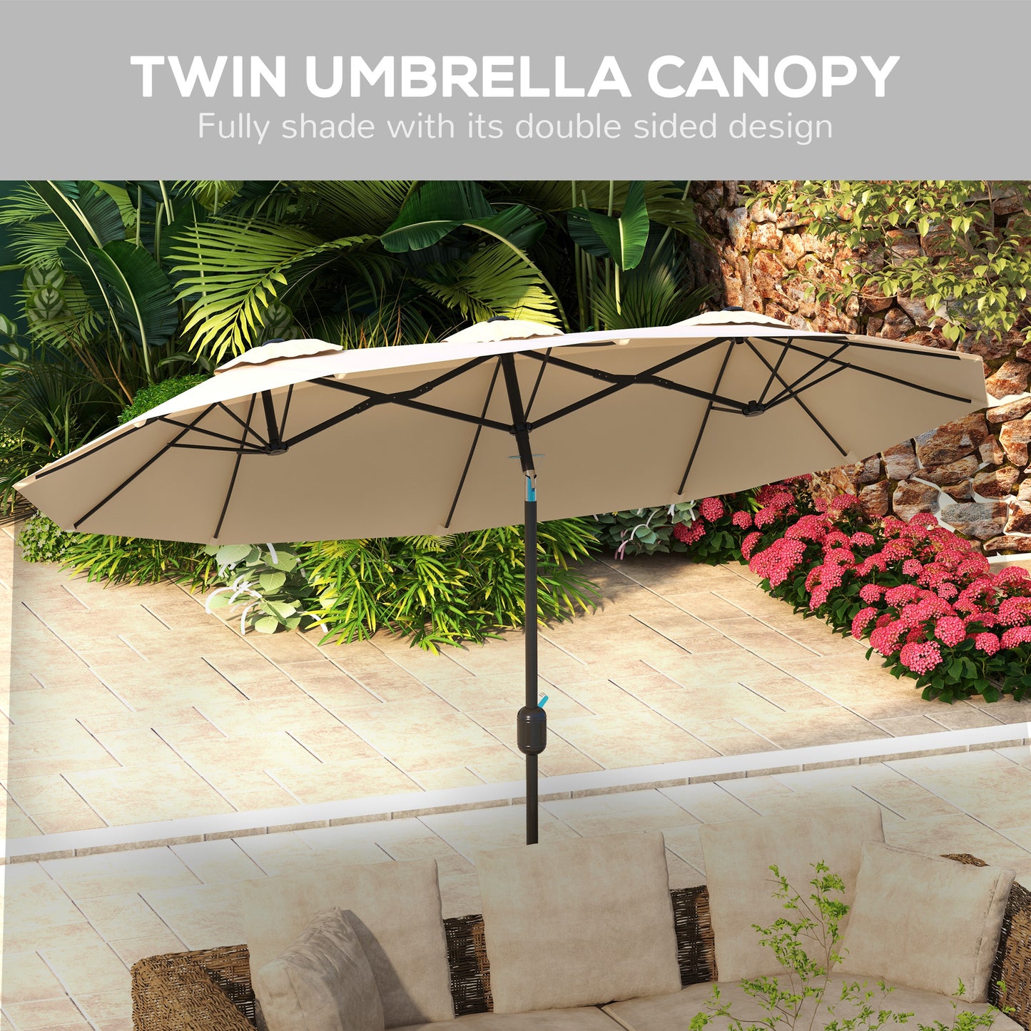 Double Sided Patio Umbrella, 9.7' Large Outdoor Market Umbrella With Push Button Tilt And Crank, 3 Air Vents And 12 Ribs, For Garden, Deck, Pool, Brown