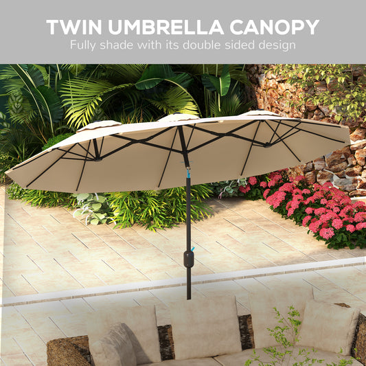 Double Sided Patio Umbrella, 9.7' Large Outdoor Market Umbrella With Push Button Tilt And Crank, 3 Air Vents And 12 Ribs, For Garden, Deck, Pool, Brown