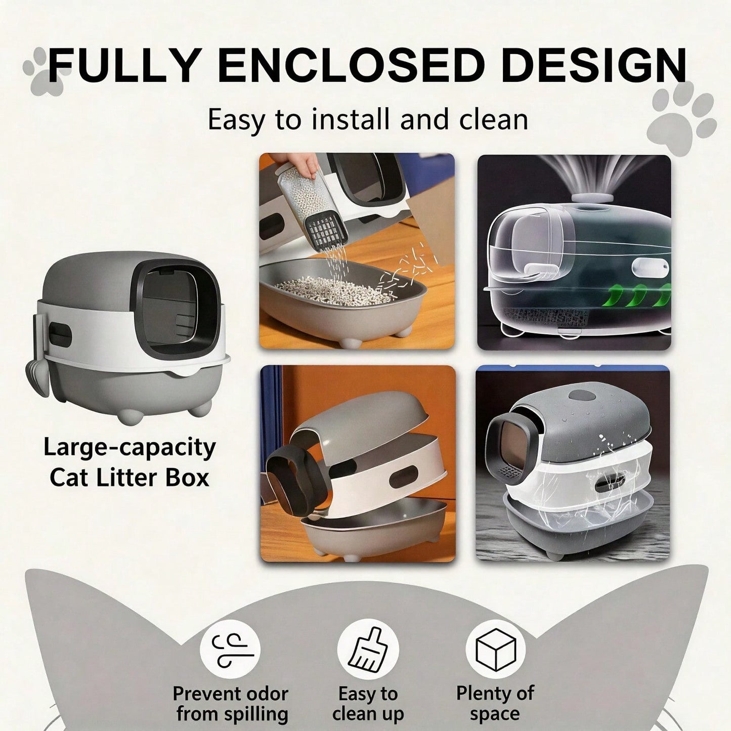 Fully Enclosed Cat Litter Box With UV Sterilization Odor Control, Large 56cm Space For Big Cats, Easy Clean 180 Flip Top, Detachable Anti Tracking Design With Litter Scoop
