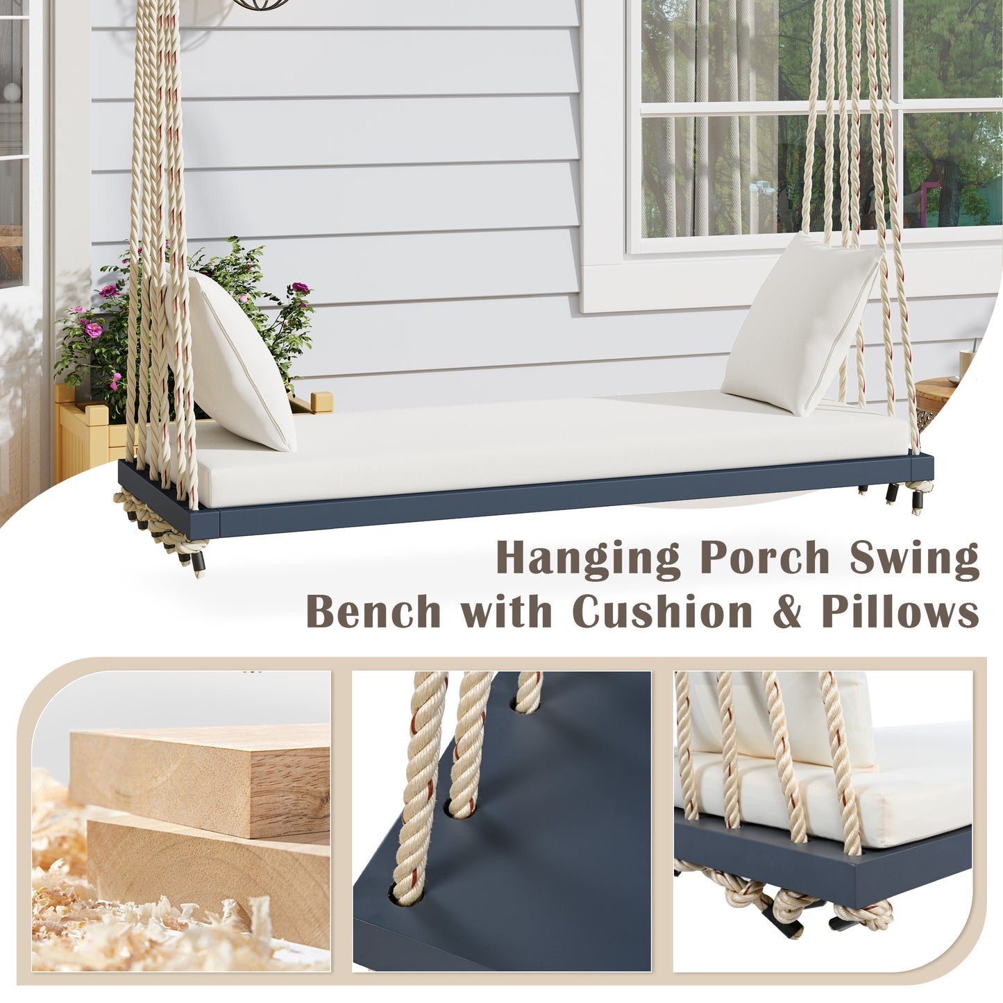 TOPMAx Patio Wooden Swing Chair  Hanging Porch Swing Bench With Cushion&Pillows  10.8Ft Hemp Ropes For Garden  Lawn Gray