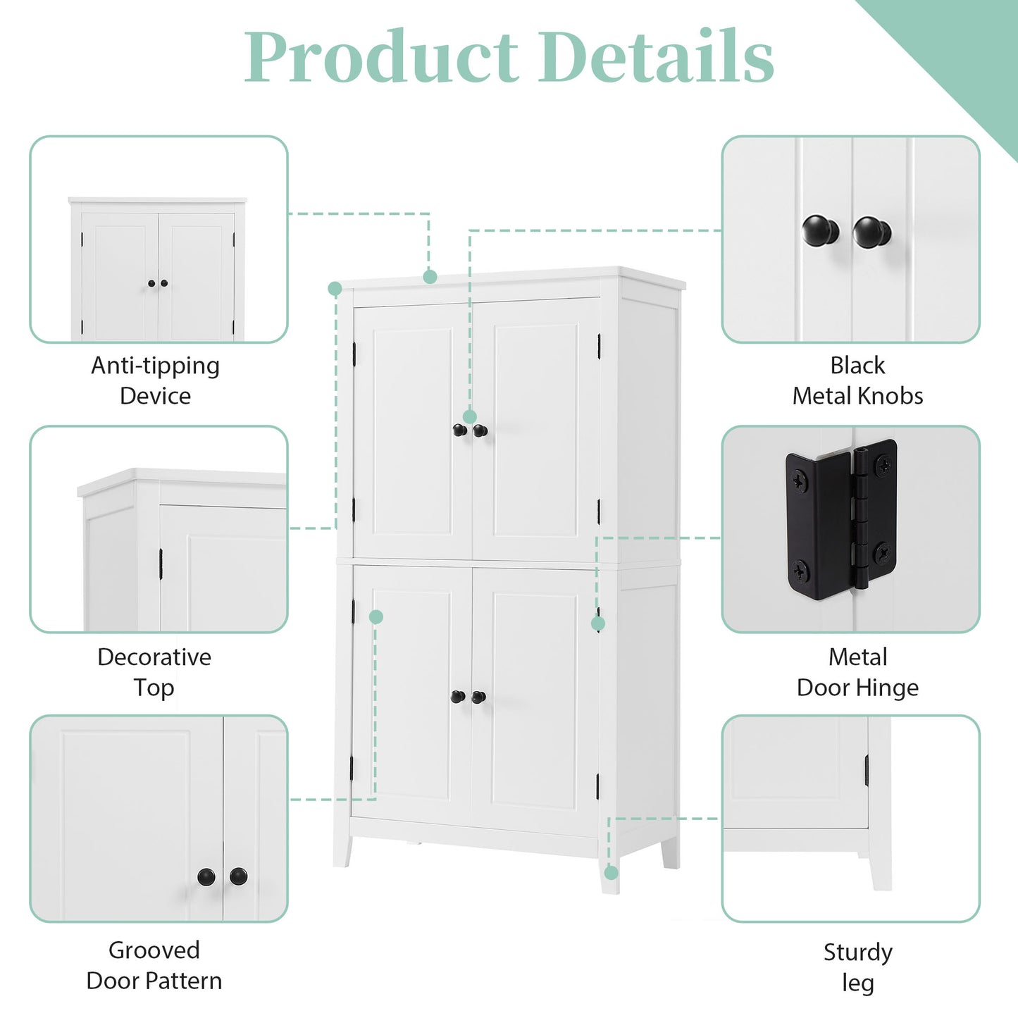 Elegant Bathroom Floor Storage Cabinet, Bathroom Storage Unit, Freestanding Cabinet With 4 Doors, Adjustable Shelves, Adaptable Shelves, White