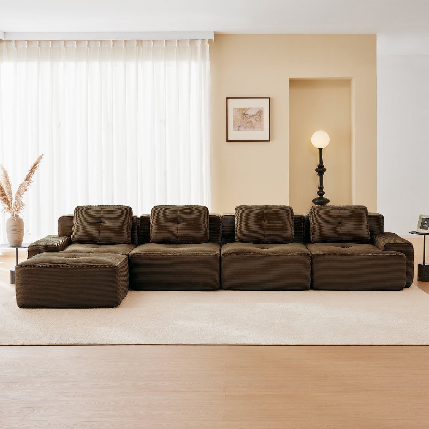 153 Modern L-Shaped Modular Sectional Sofa For Living Room, Corduroy Fabric, 4-Seater Couch With Deep Seat And Movable Ottoman, Pearl-like Piping, Tufted Design, No Assembly, Anti-slip Design,Brown