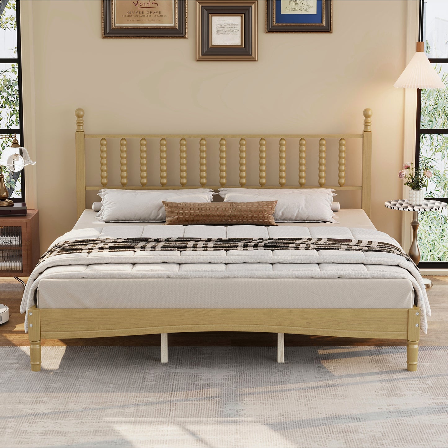 King Size Wood Platform Bed With Gourd Shaped Headboard,Retro Style Platform Bed With Wooden Slat Support,Natural