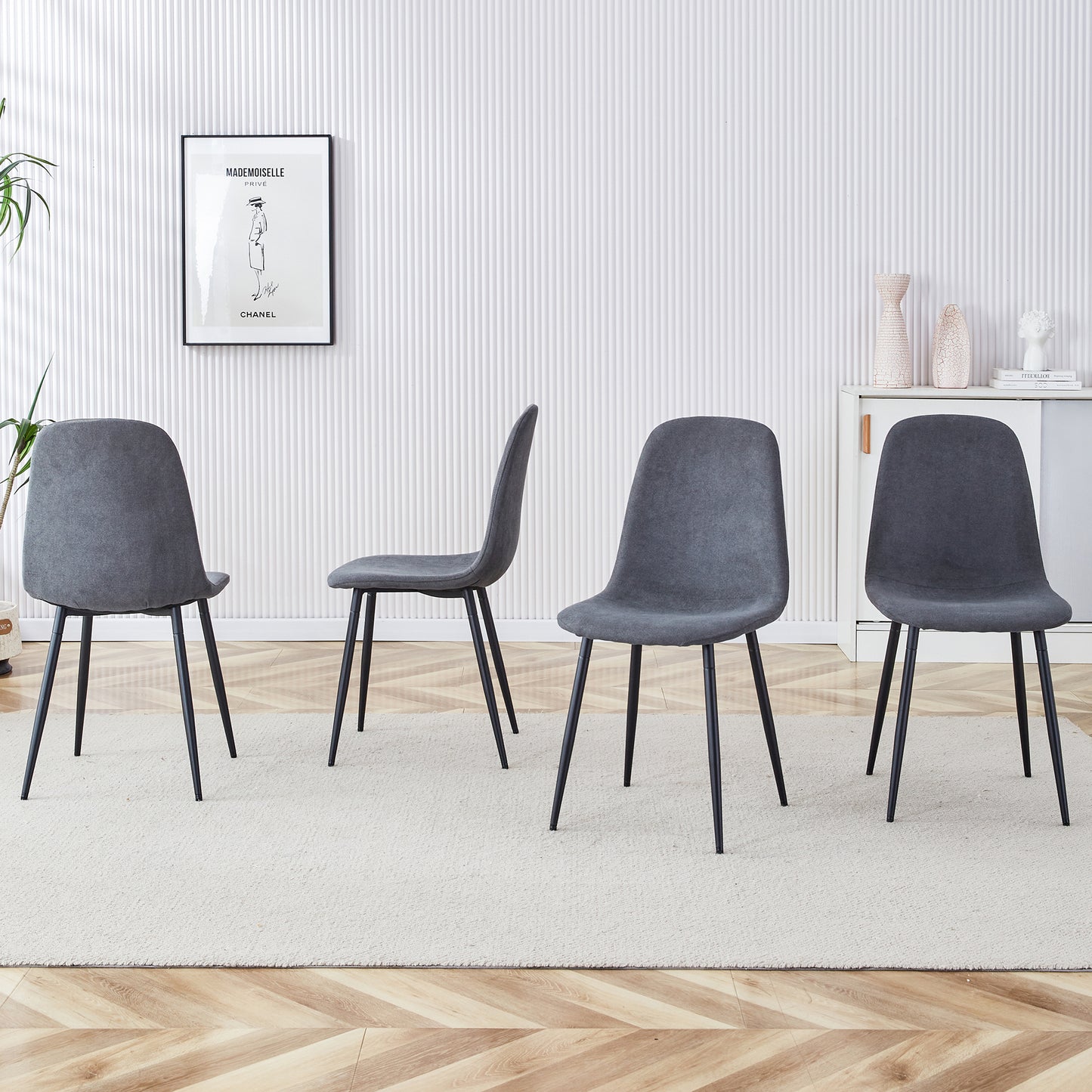 A Set Of 4 Modern Dining Chairs, Made Of Dark Gray Linen Fabric, With A Fully Assembled Backrest, Easy To Assemble, Sturdy Metal Legs, And Anti Slip Feet, Suitable For Kitchens . W115164380