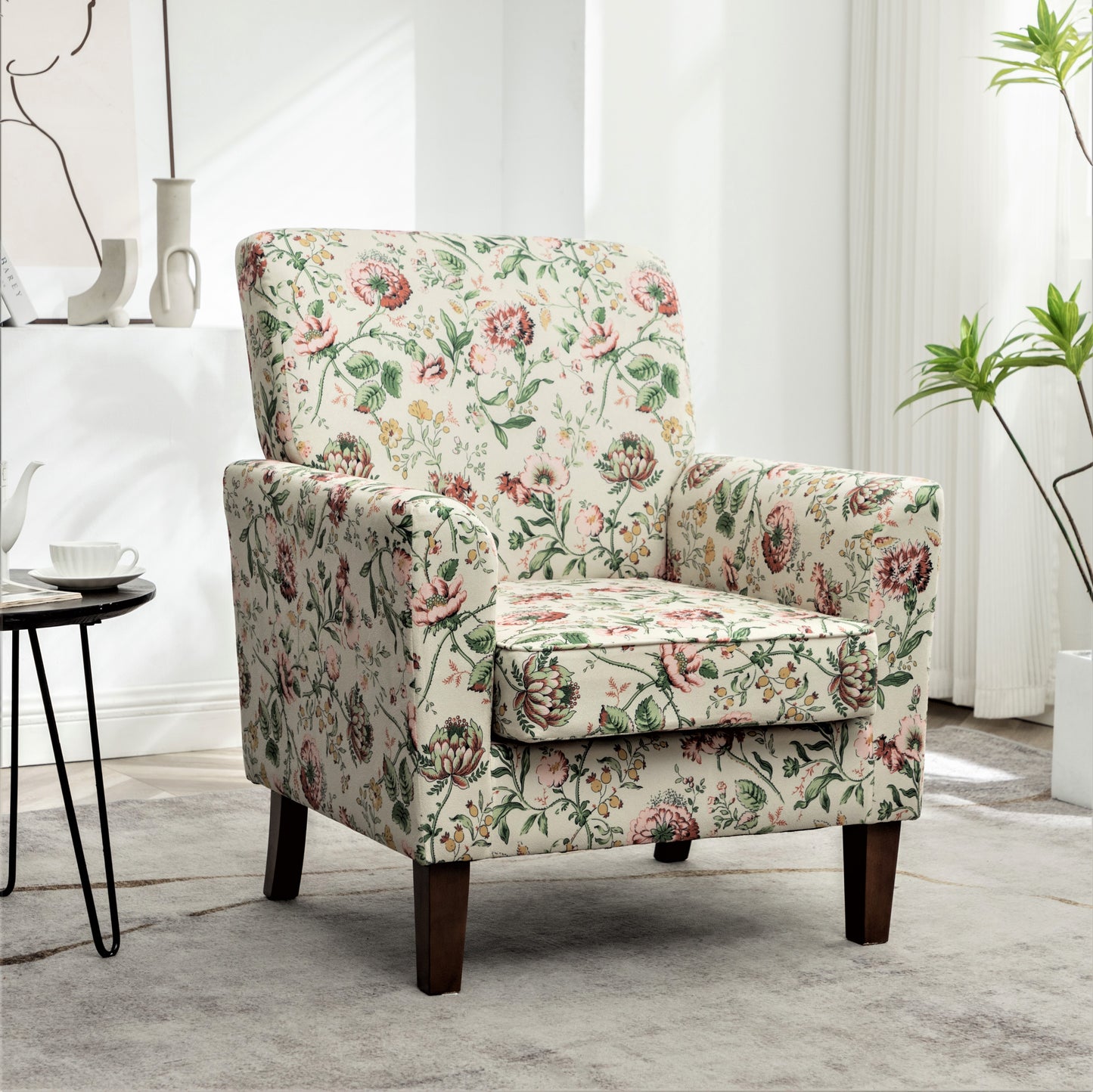 Patterned Polyester Blend Armchair, Solid Birch Wood Frame With Brown Tapered Legs, Foam Padded Accent Chair With Trim Detail For Living Room Office