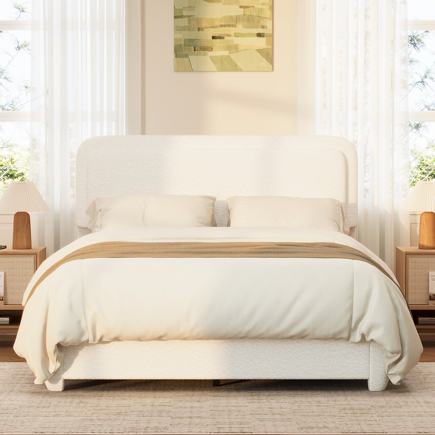 Boucle Queen Bed Frame With Adjustable Height Headboard, Modern Platform Bed With Curved Cloud Headboard, Elegant Boucle Fabric Low Profile Platform Bed, No Box Spring Needed, Easy Assembly, White