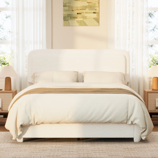 Boucle Queen Bed Frame With Adjustable Height Headboard, Modern Platform Bed With Curved Cloud Headboard, Elegant Boucle Fabric Low Profile Platform Bed, No Box Spring Needed, Easy Assembly, White