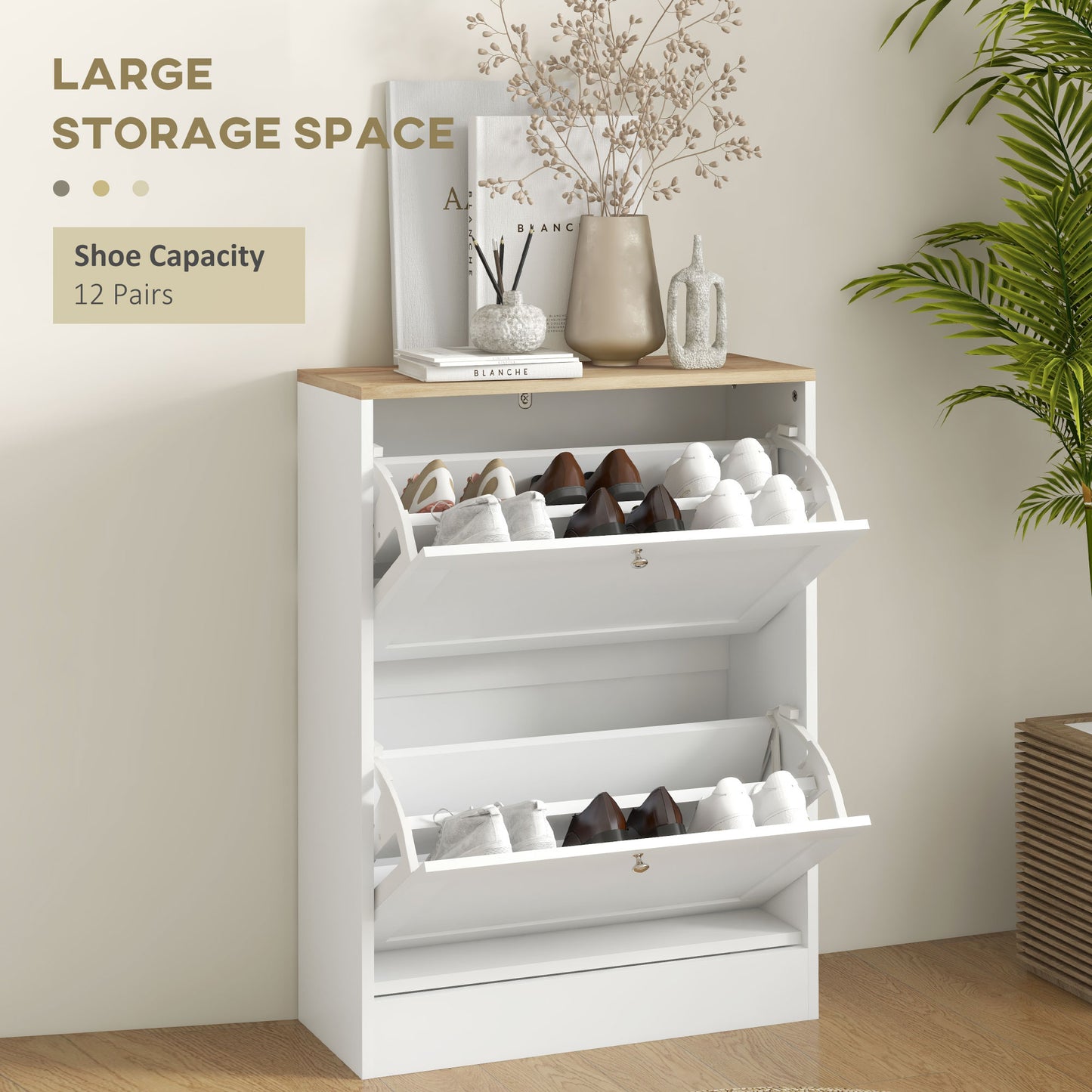 Slim Shoe Storage Cabinet, Modern Shoe Cabinet With 2 Flip Drawers And Adjustable Shelves For 8-12 Pairs, White