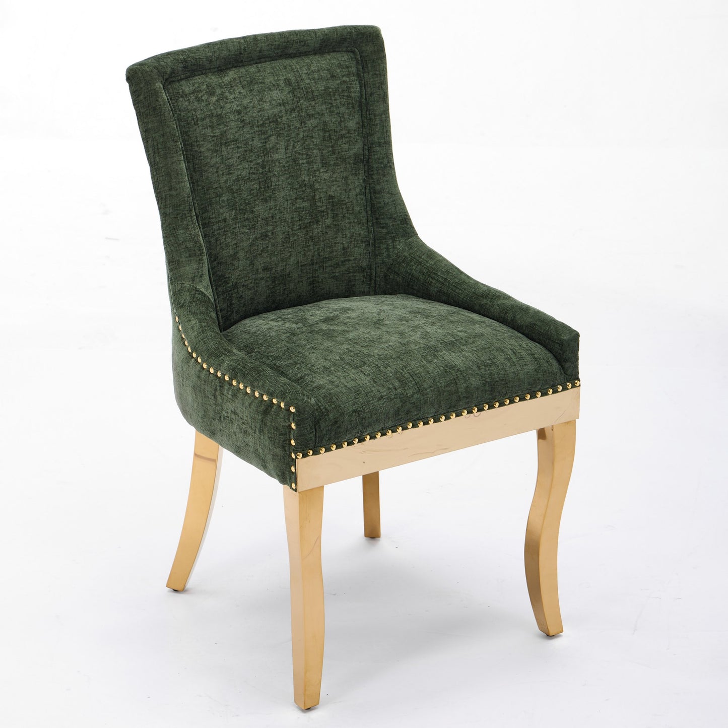 Chenille Dining Chairs, Modern Style With Curved Gold - Plated Legs & Rivet Trim, Upholstered Comfort For Dining Lounge, Accent Seating With Textured Fabric & One - Piece Structure, Green,Set Of 2
