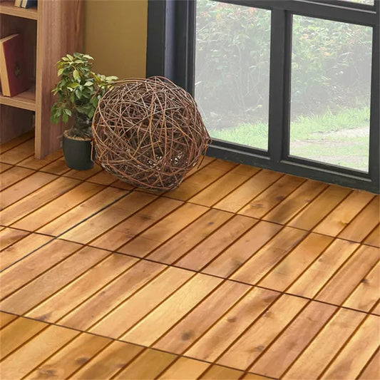 27 Multifunctional Outdoor Floor Tiles, 12' X 12' Albizia Wood Interlocking Terrace Tiles