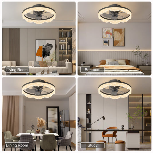 16 Decorative LED Ceiling Fan Light  Modern Flush Mount With Crystal-Inspired Acrylic Ring, Hidden Blades, Remote Control, And Dimmable Light For Stylish Homes  Black