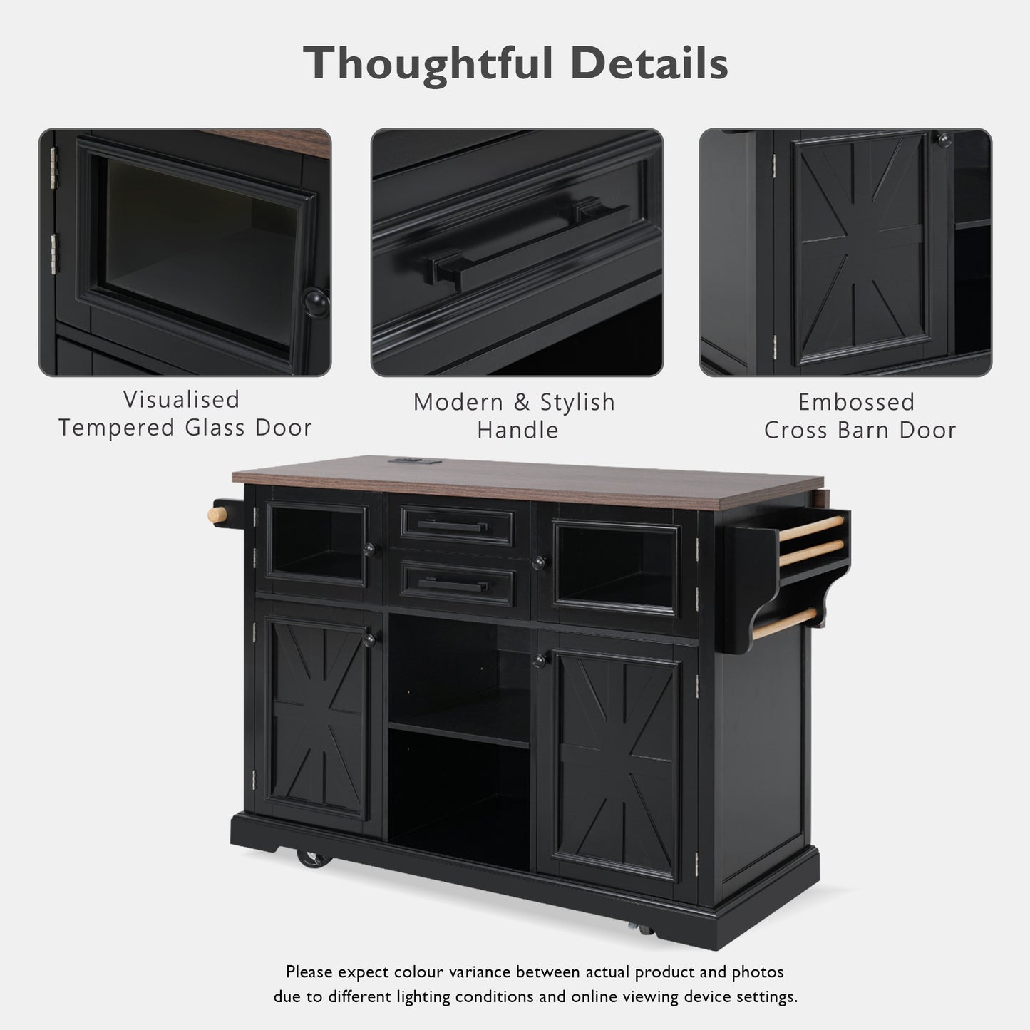 K&K 54.9  Kitchen Island With Drop Leaf, Power Outlet, Kitchen Storage Cart With 4 Door Shelves, Cross Barn Doors & Visual Glass Door, Rolling Kitchen Island On 4 Wheels For Kitchen, Dining Room,Black