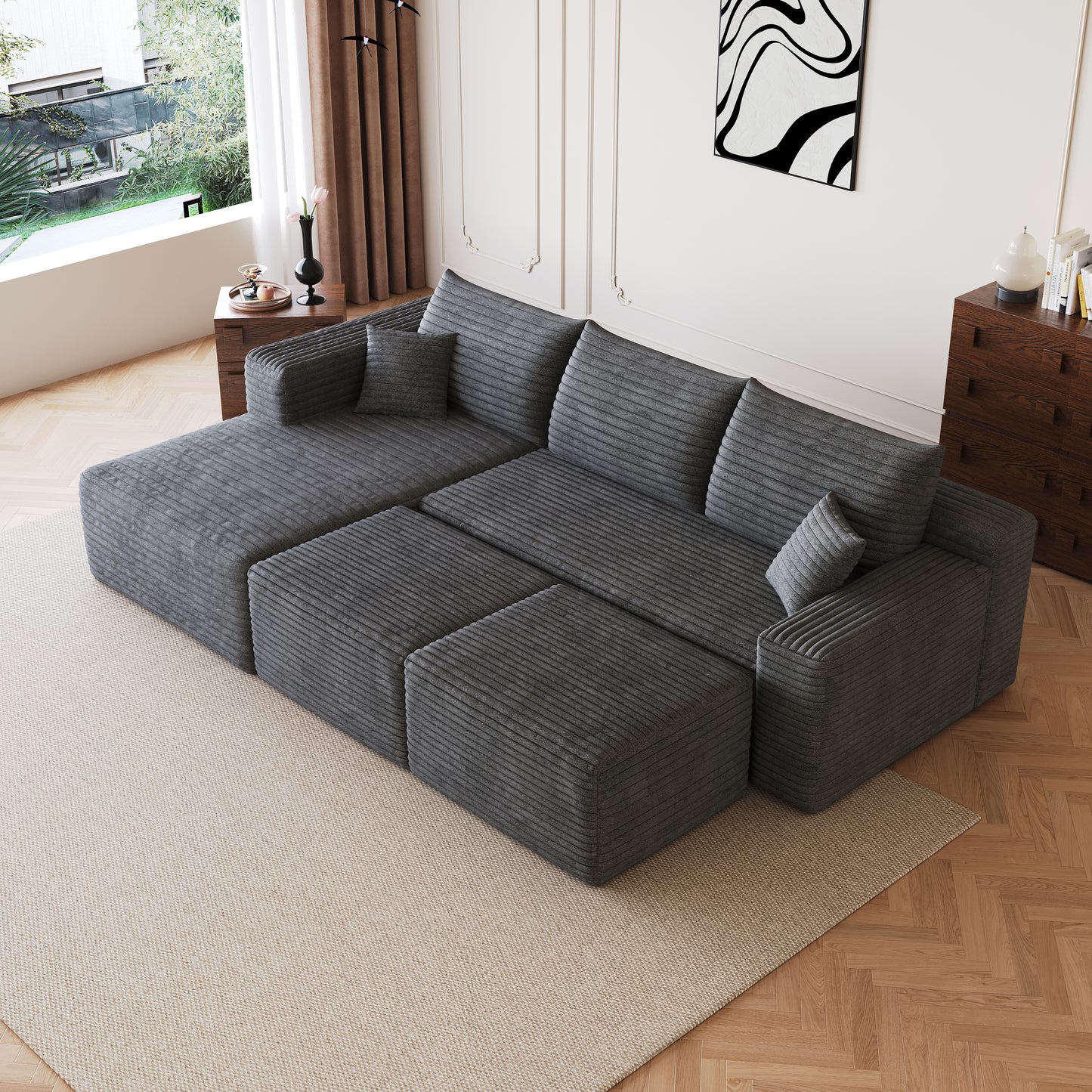 95  Cloud Sectional Sofa With 2 Ottoman,Modern Minimalist Upholstered Couches, Comfort U Shaped Sofa For Living Room,Deep Seat Corner Couch,No Assembly Required,Dark Grey Plush Corduroy Fabric