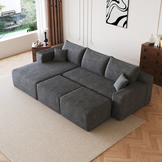 95  Cloud Sectional Sofa With 2 Ottoman,Modern Minimalist Upholstered Couches, Comfort U Shaped Sofa For Living Room,Deep Seat Corner Couch,No Assembly Required,Dark Grey Plush Corduroy Fabric