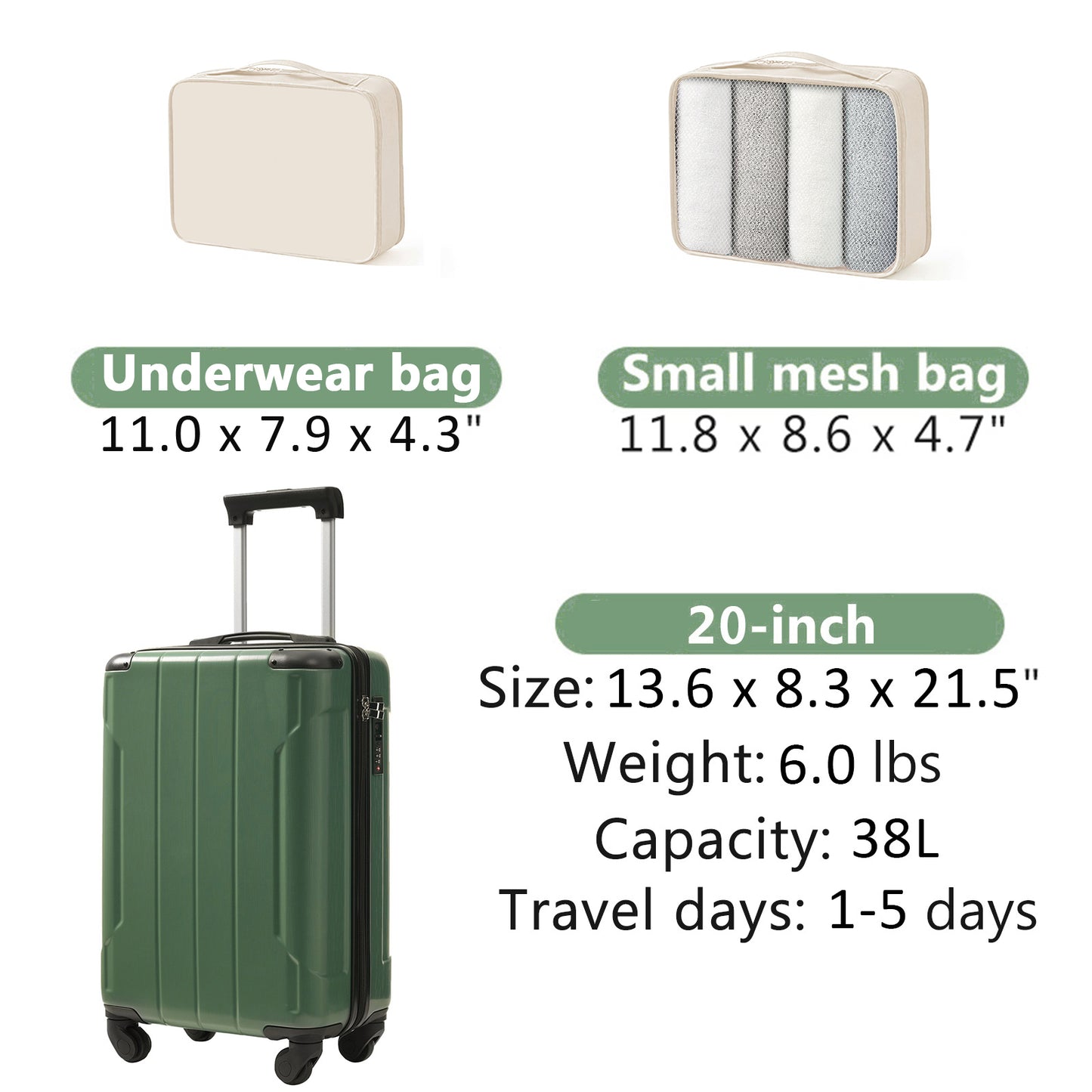 20-Inch Hardshell Carry-On Luggage, Lightweight Durable ABS Suitcase With Spinner Wheels, Built-in TSA Lock, 2 Packing Cubes, Green