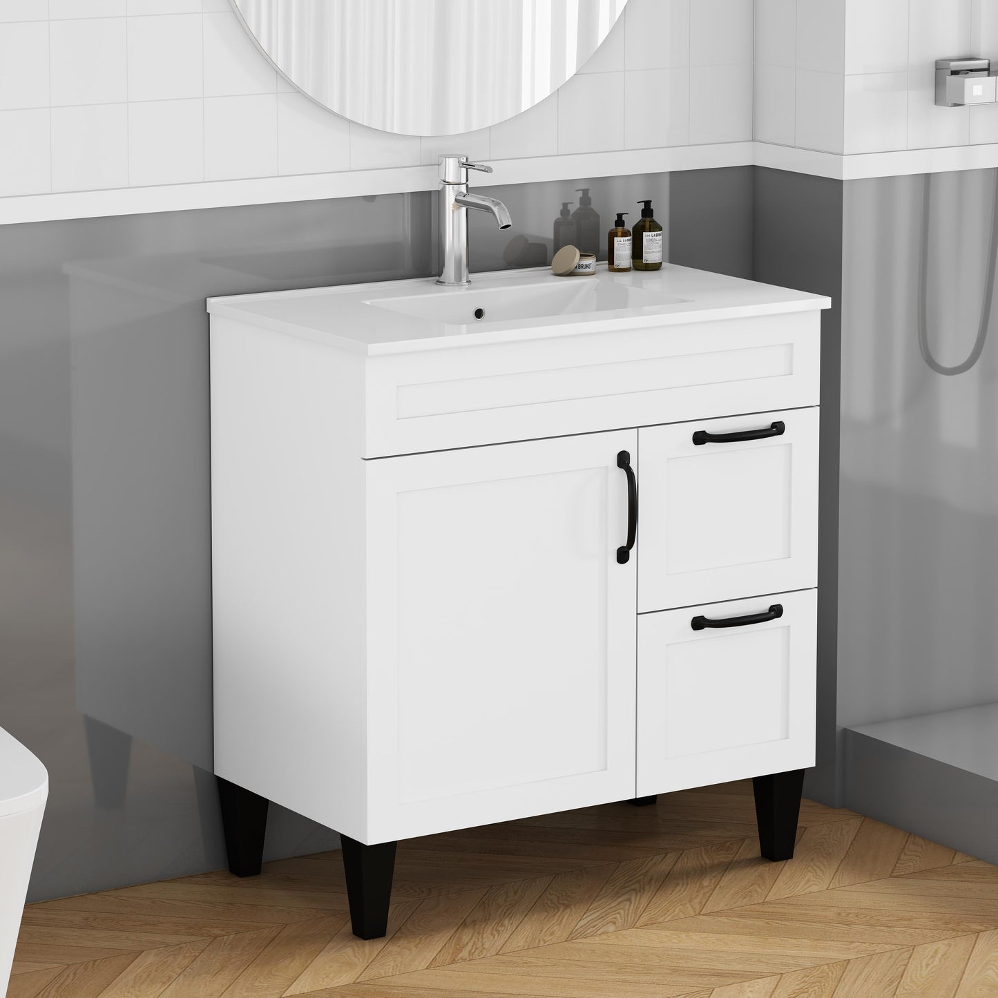 31.5-inch Bathroom Vanity With Sink Combo,Cabinet With 1 Doors And 2 Drawer,Black Metal Handle,Black Feet,Soft Close Hinge,Mordern Bathroom Cabinet,Ceramic Basin,Easy Assemble,White