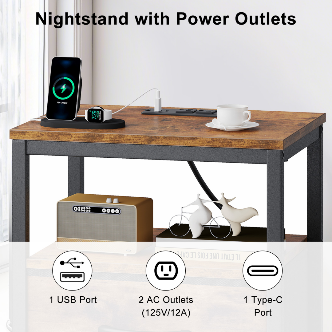 A Small Bedside Table With A Charging Station And Two Fabric Drawers, And A Side Bedside Table