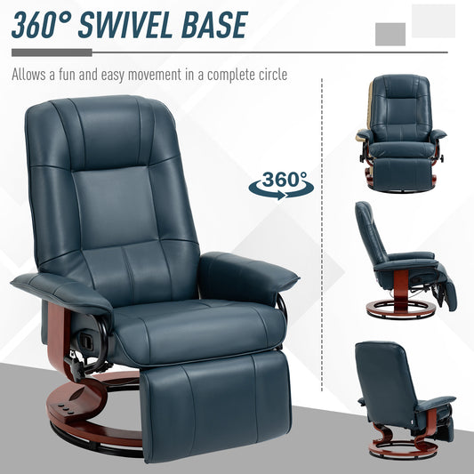 Faux Leather Manual Recliner, Adjustable Swivel Lounge Chair With Footrest, Armrest And Wrapped Wood Base For Living Room, Blue
