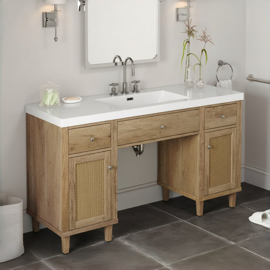 60 Inch Bathroom Vanity With SMC Sink, Modern Spacious Bathroom Storage Cabinet With Soft Close Drawers And Tip-Out Tray, Solid Wood Legs And Silver Metal Knobs, Wheelchair-friendly Style,Wood Color