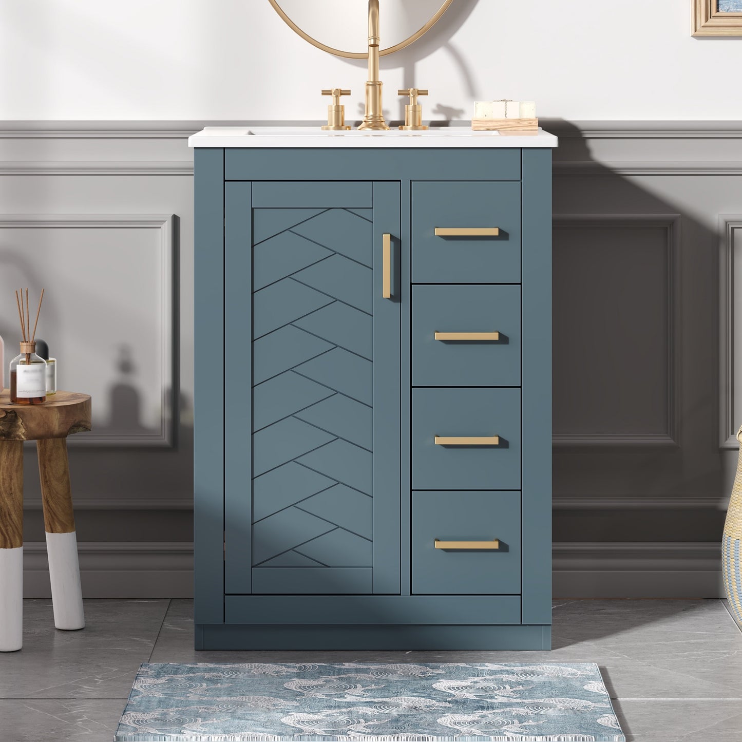 24   Bathroom Vanity With Integrated Ceramic Sink, Bathroom Cabinet With 1 Door, 3 Drawers, Single Sink Bathroom Vanity For Small And Medium Restroom, Blue