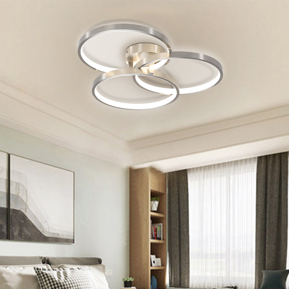 20in Modern LED Ceiling Light Fixture - Circular 3-Ring Design, Dimmable, Contemporary Brushed Nickel Finish For Living Room, Bedroom & Office
