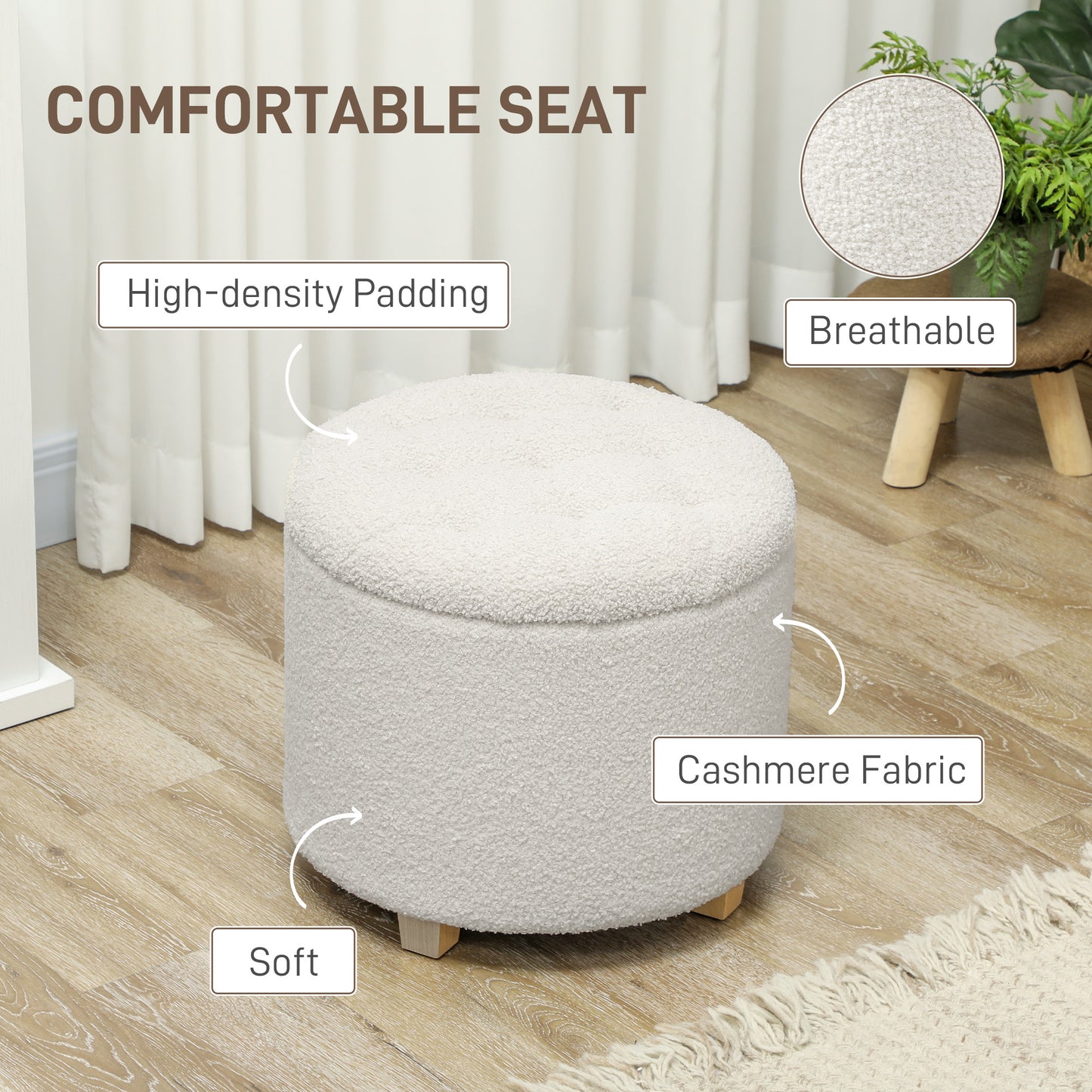 18" Round Ottoman With Storage, Teddy Fleece Button Tufted Foot Stool With Lid, Wood Legs For Living Room Hallway, White