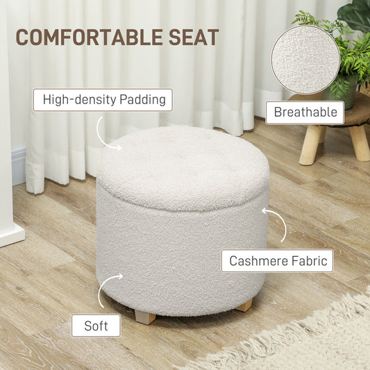18" Round Ottoman With Storage, Teddy Fleece Button Tufted Foot Stool With Lid, Wood Legs For Living Room Hallway, White