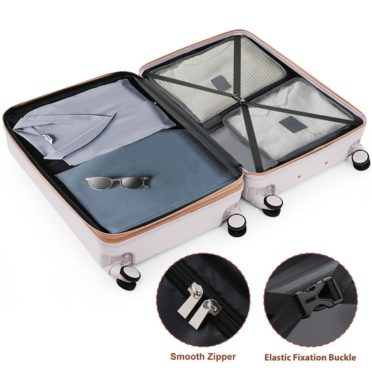 Luggage Set Of 3, Airline Certified Carry-on Luggage With Cup Holder, ABS Hard Shell Luggage With Spinner Wheels, Light Grey